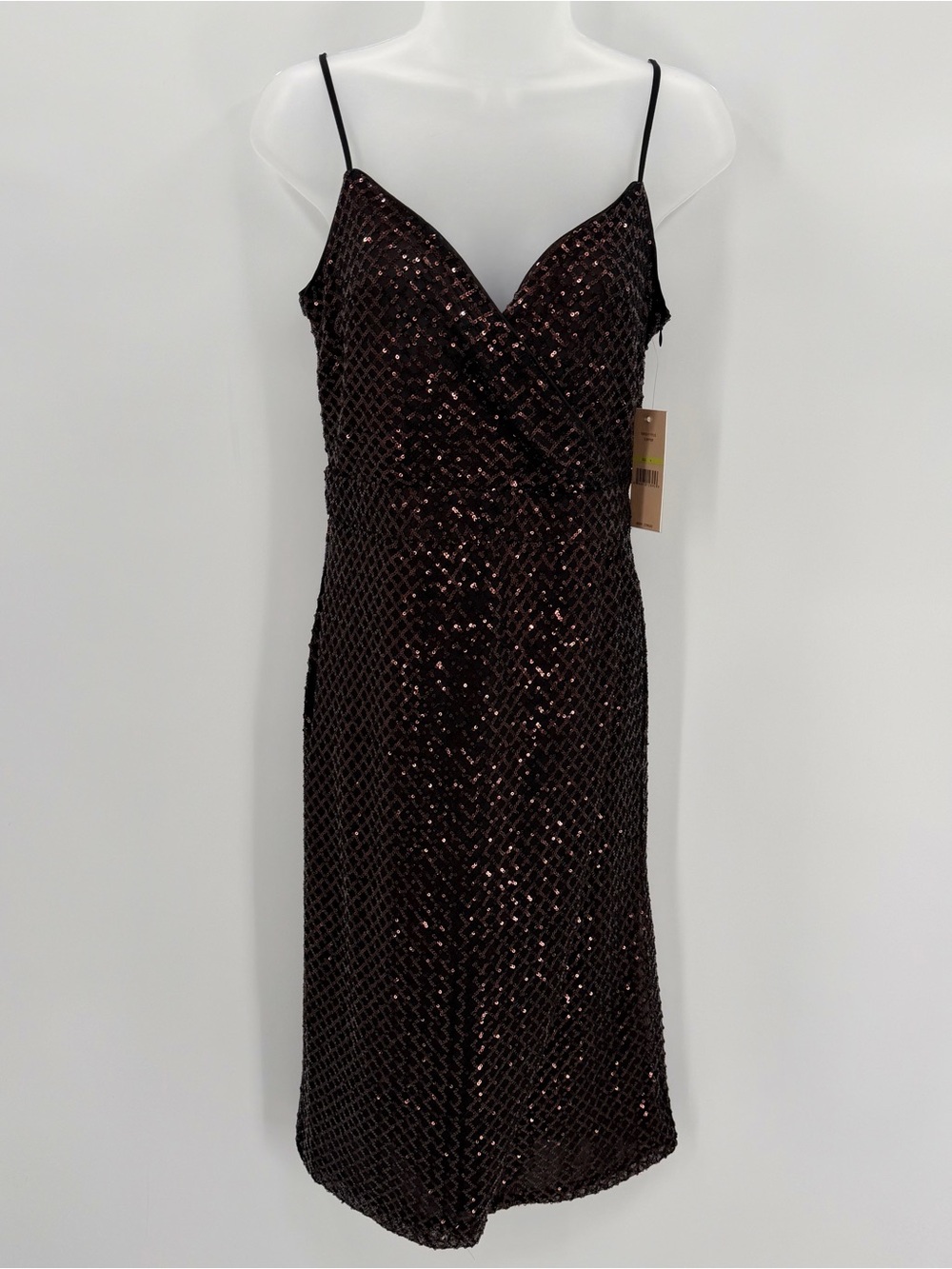 Nanette Lepore Dress Womens 4 Black Copper Sequin Wrap Midi Cocktail Party Glam